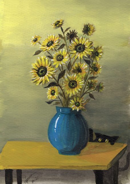 Purrfect Van Gogh eine Vase mit einem Sonnenblumenstrauß, die von einer schwarzen Katze gleich umgeworfen wird